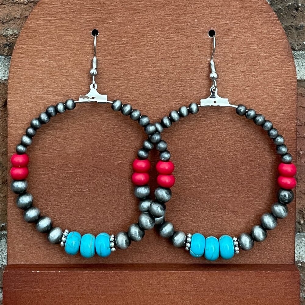Navajo Style Pearl Hoop Drop Earrings with Faux Turquoise and Red